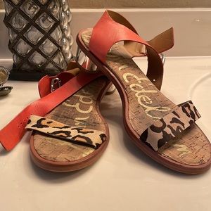 SAM EDELMAN Leopard Calf Hair Orange Leather TRINA Open Toe Sandals